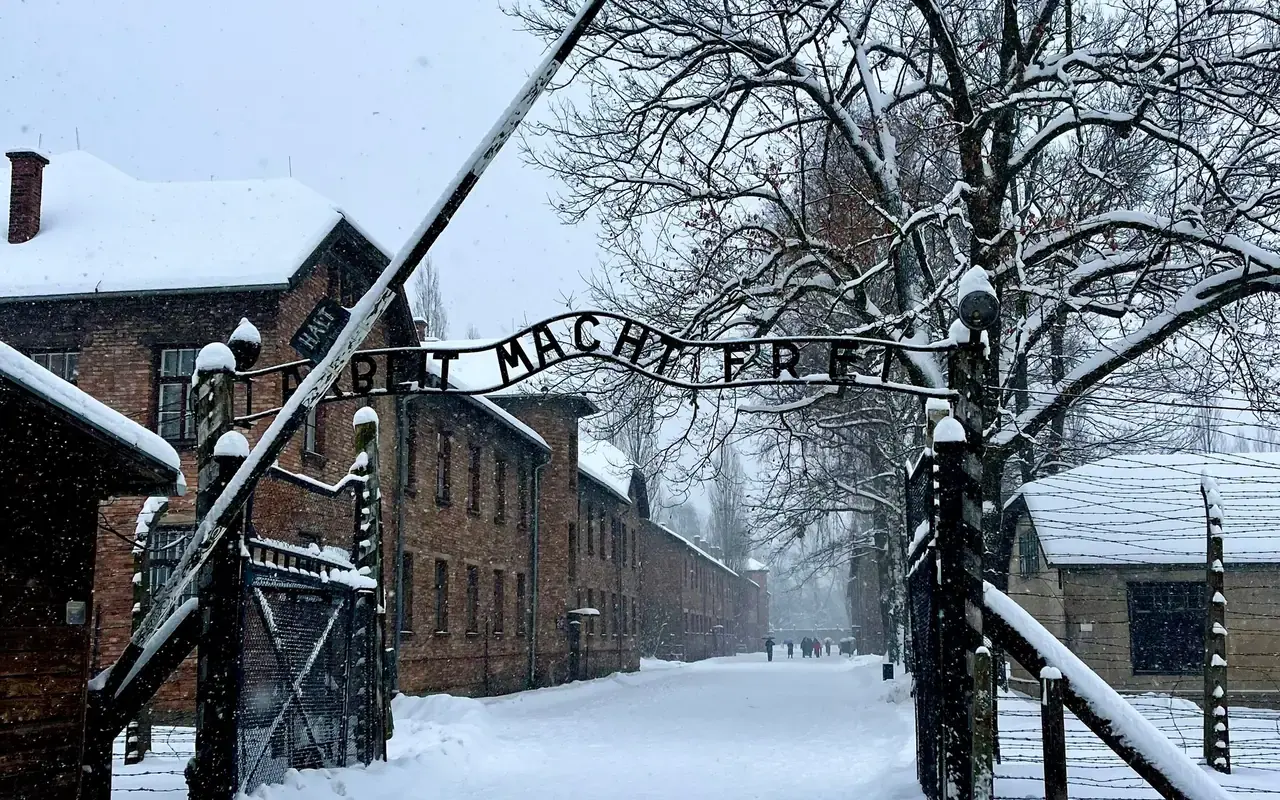 Arbeit Macht Frei gate at Auschwitz-Birkenau in winter